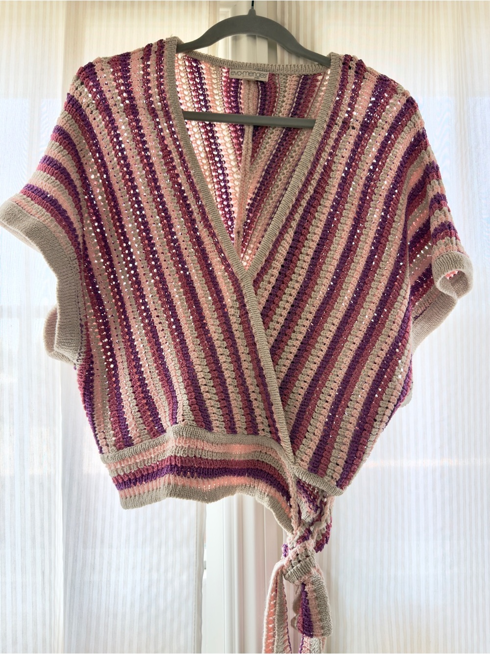 Eva Mendes Tie-Front Striped Knit Sweater Vest in Pink and Purple
